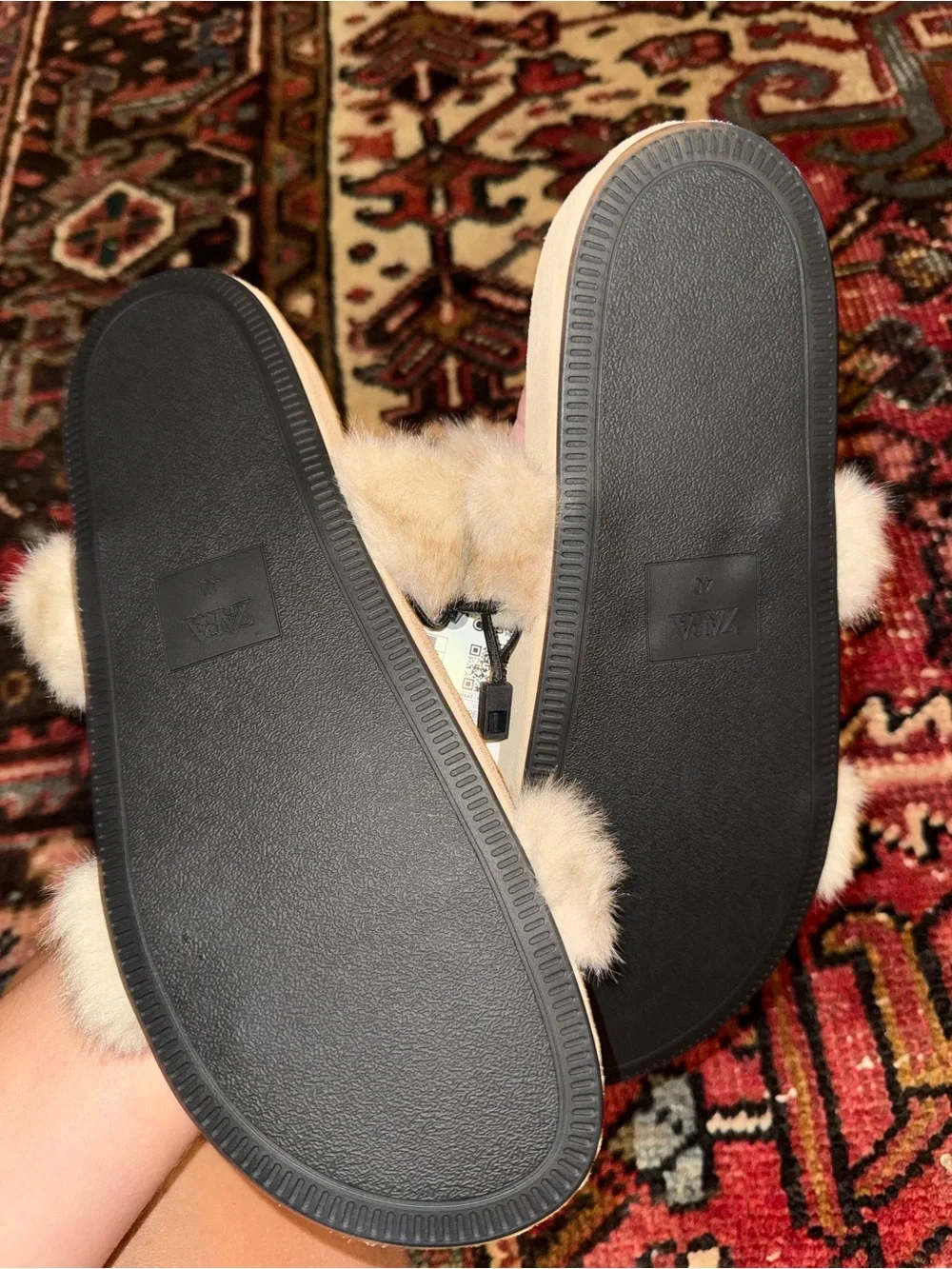 Zara Cream Faux-Fur Double Strap Slide Sandals - Picture 2 of 2